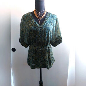 Vintage 90s y2k Gap Sheer Pattern Blouse tie waist Green colorful Large